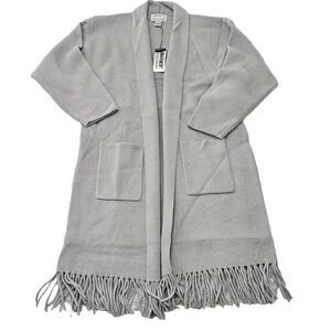NWT Side Effects Gray Long Sleeve Longline‎ Fringe Hem Duster Sweater. Size L